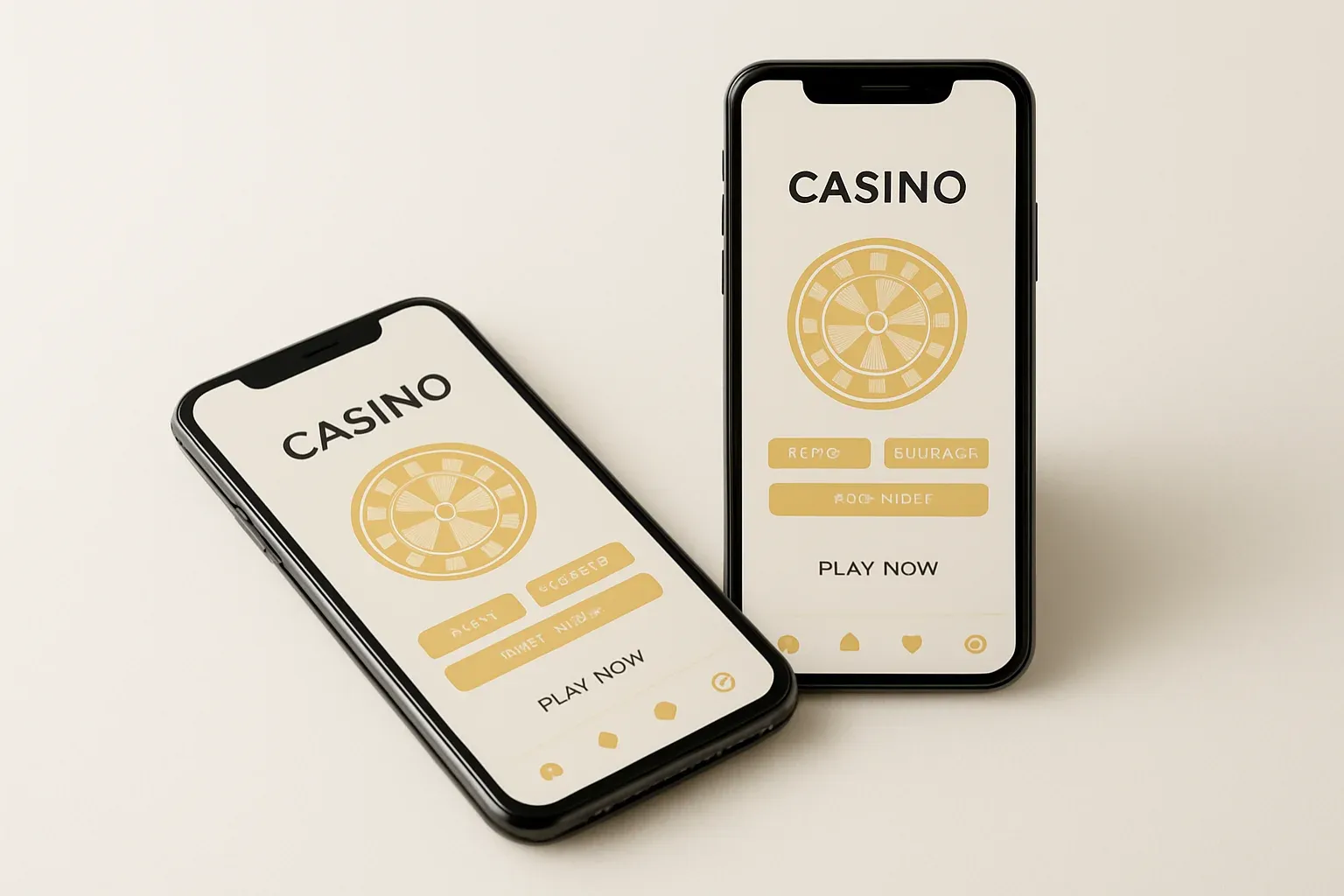 Two smartphones displaying a clean light casino app on white surface