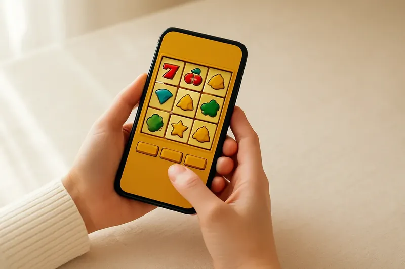 Woman holding smartphone with bright casino game over cream linen