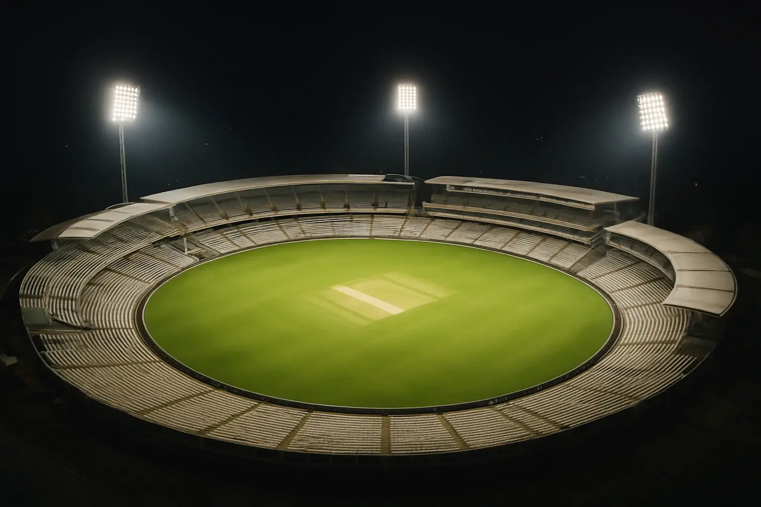 Night Cricket Stadium Aerial view of cricket stadium at night with bright floodlights