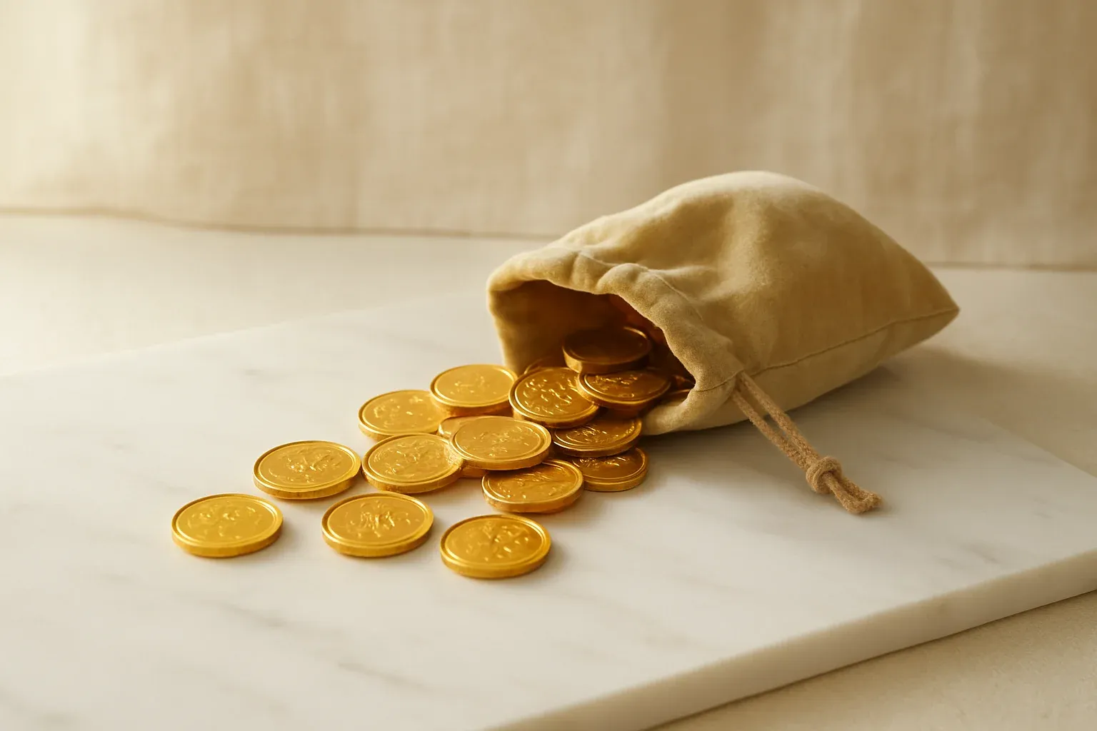 Golden coins spilling from a velvet pouch on white marble