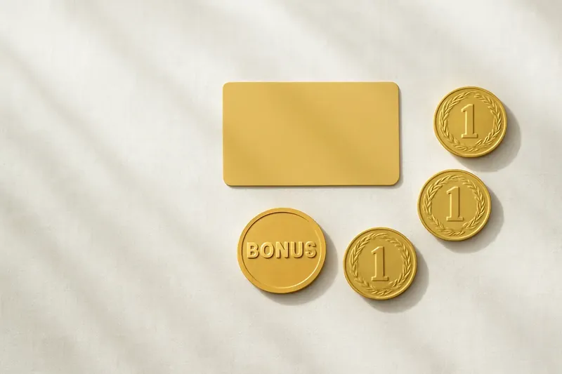 Loyalty card, bonus token and gold coins on white linen