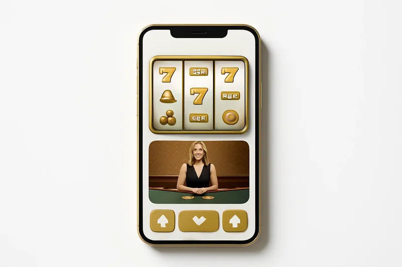 Mobile phone displaying casino app with slots and live games