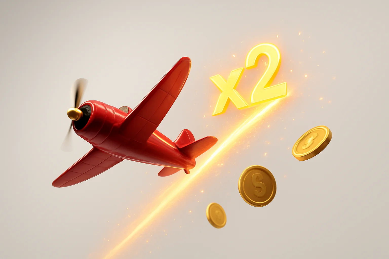 Aviator Crash Scene Red airplane climbing with glowing multiplier trail, coins, and sparks