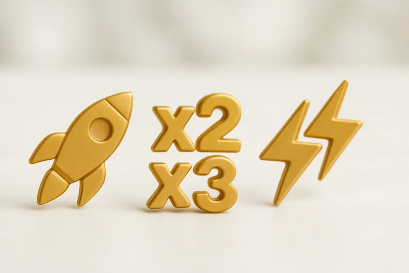 Gold and white instant game icons with rocket and lightning bolts
