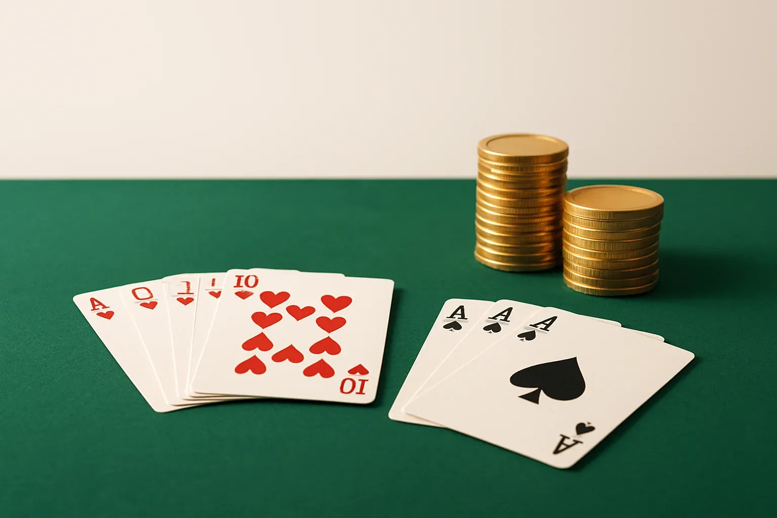 Green felt casino table with cards and stacked gold chips