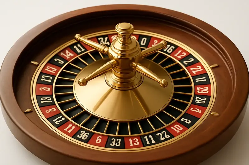 Close-up overhead of roulette wheel center with gold accents