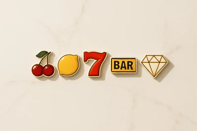 Five polished slot symbols in a neat row on white marble
