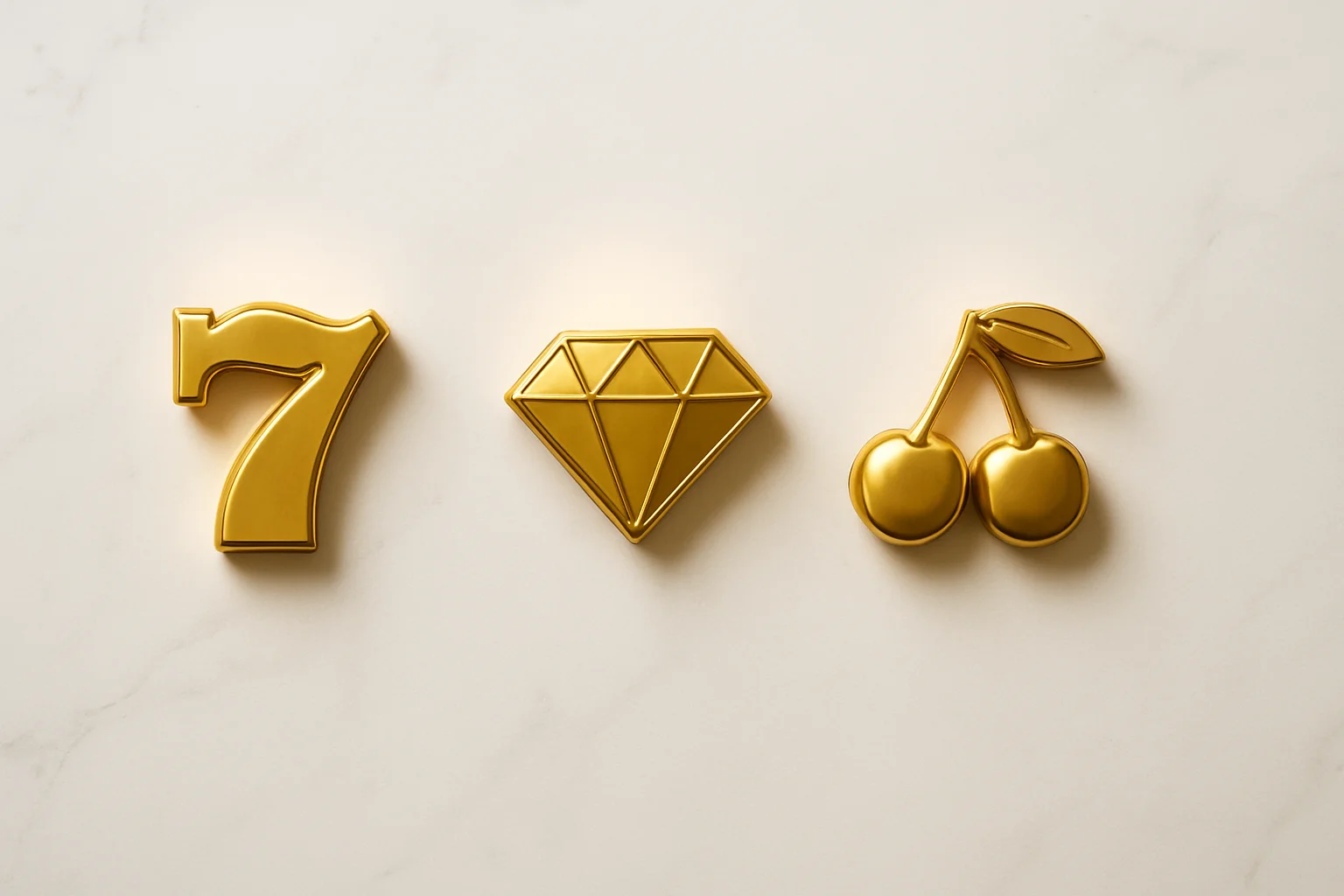 Three polished slot symbols on white marble with warm spotlights